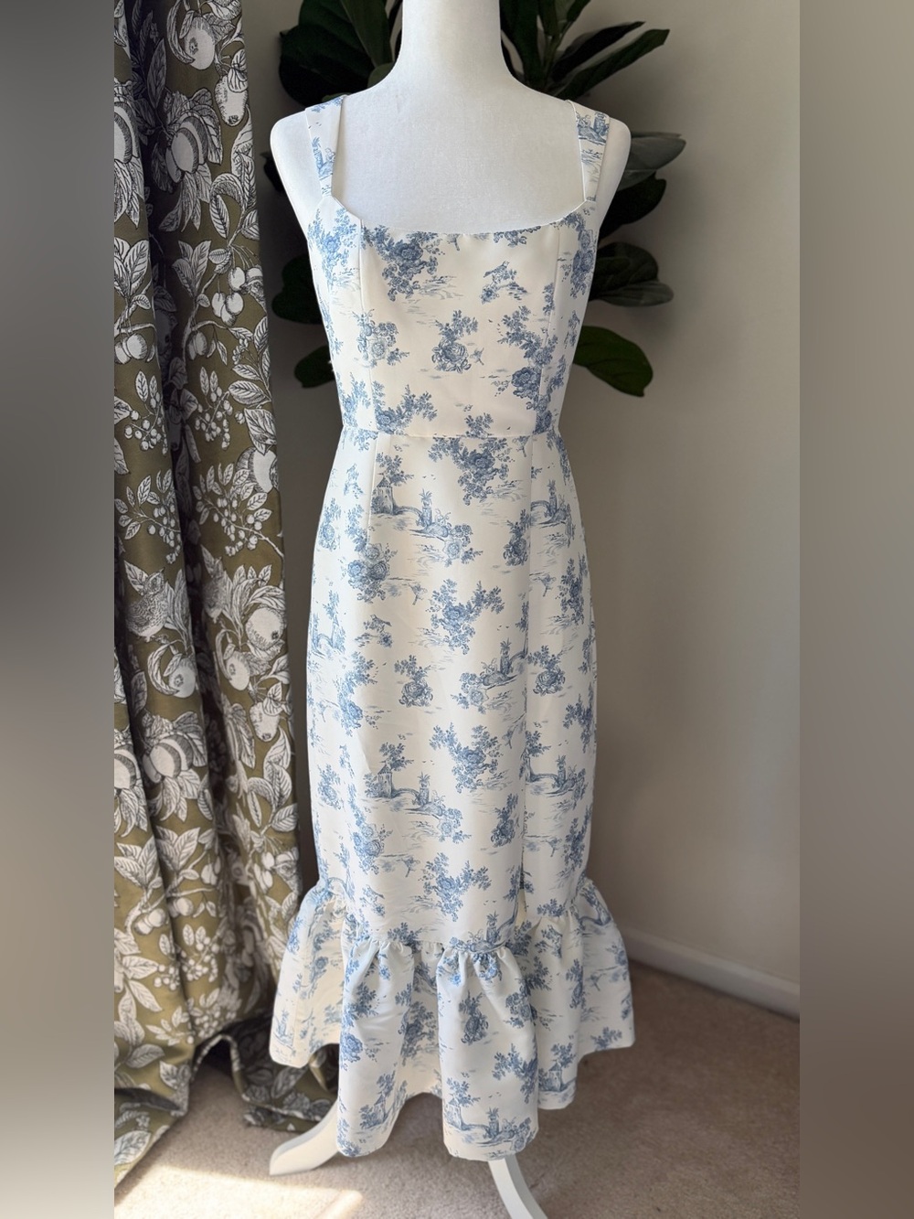 Sachin + Babi Cream and Blue Toile Ruffle-Hem Midi Dress